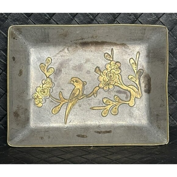 Vintage Metal Trinket Tray Hand Etched Bird Cherry Blossom Design 4 Inc By 3 In - Picture 1 of 8